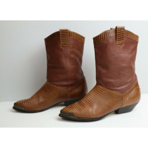 VINTAGE TAN BROWN LEATHER FASHION COWBOY BOOTS - SANDRA MILLER - SIZE 6.5 - Picture 8 of 12